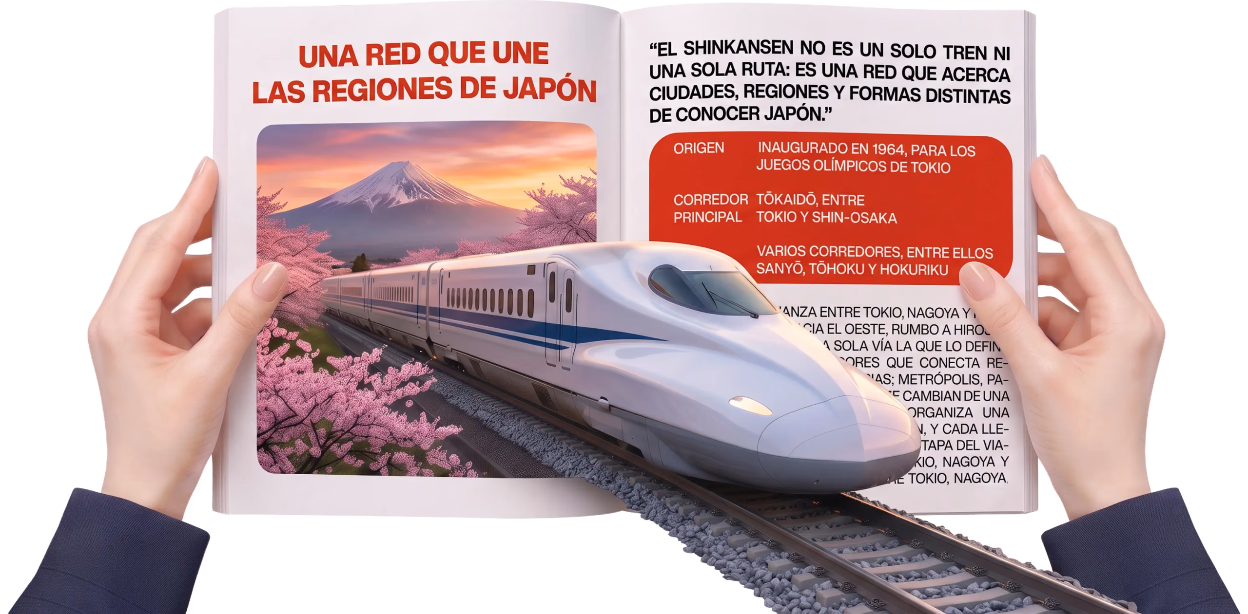 Composición editorial de Shinkansen, con una persona sosteniendo una revista de la que emerge un tren bala.