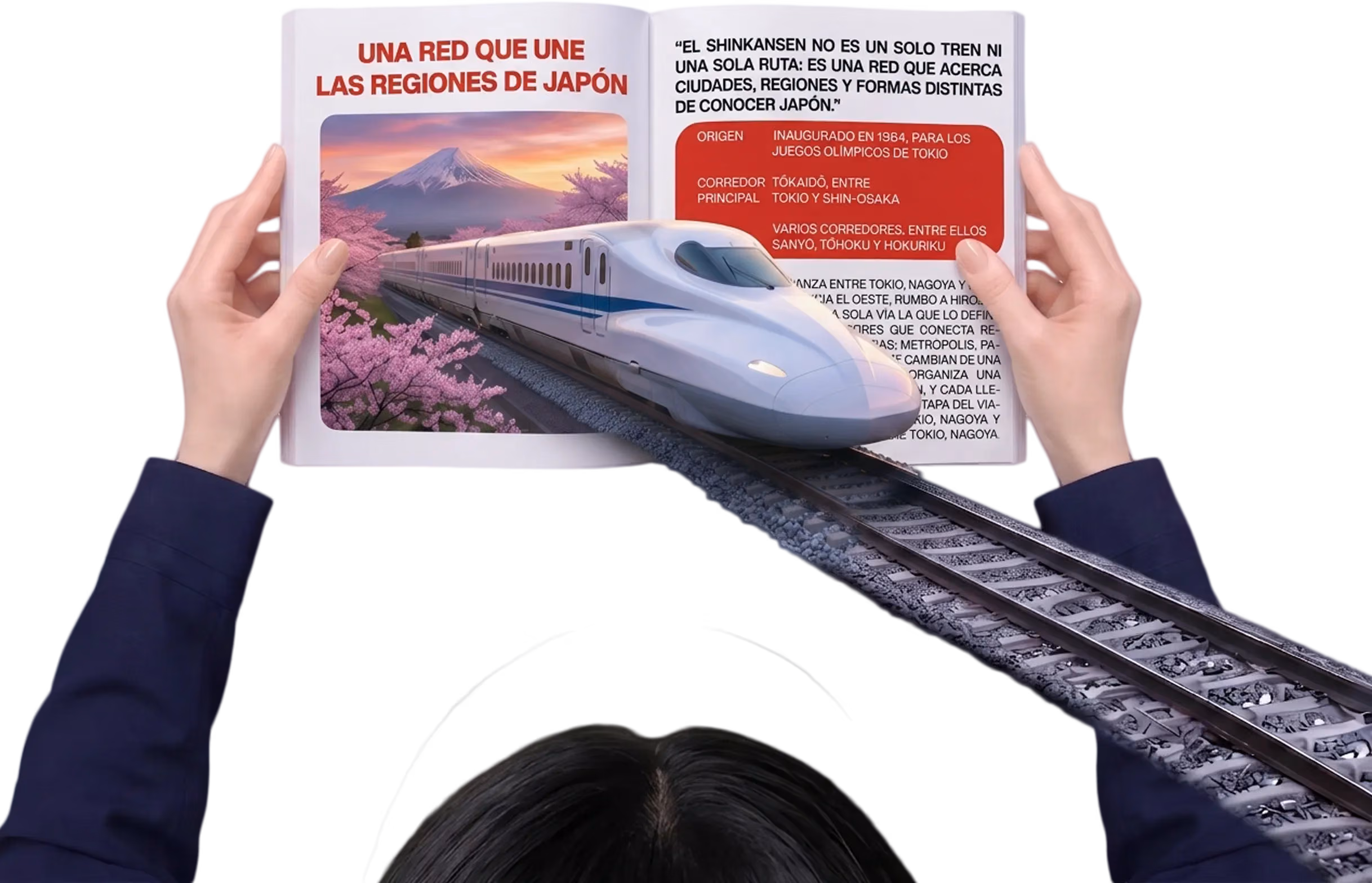 Composición editorial de Shinkansen, con una persona sosteniendo una revista de la que emerge un tren bala.