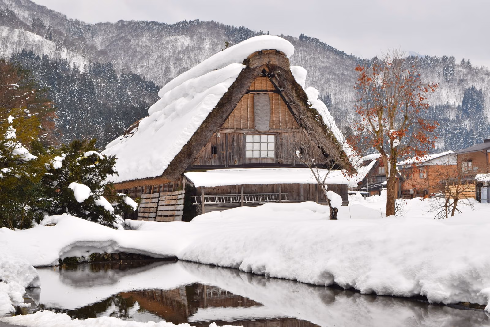 Casa tradicional de Shirakawa-go con el tejado y el entorno cubiertos de nieve, Japón.