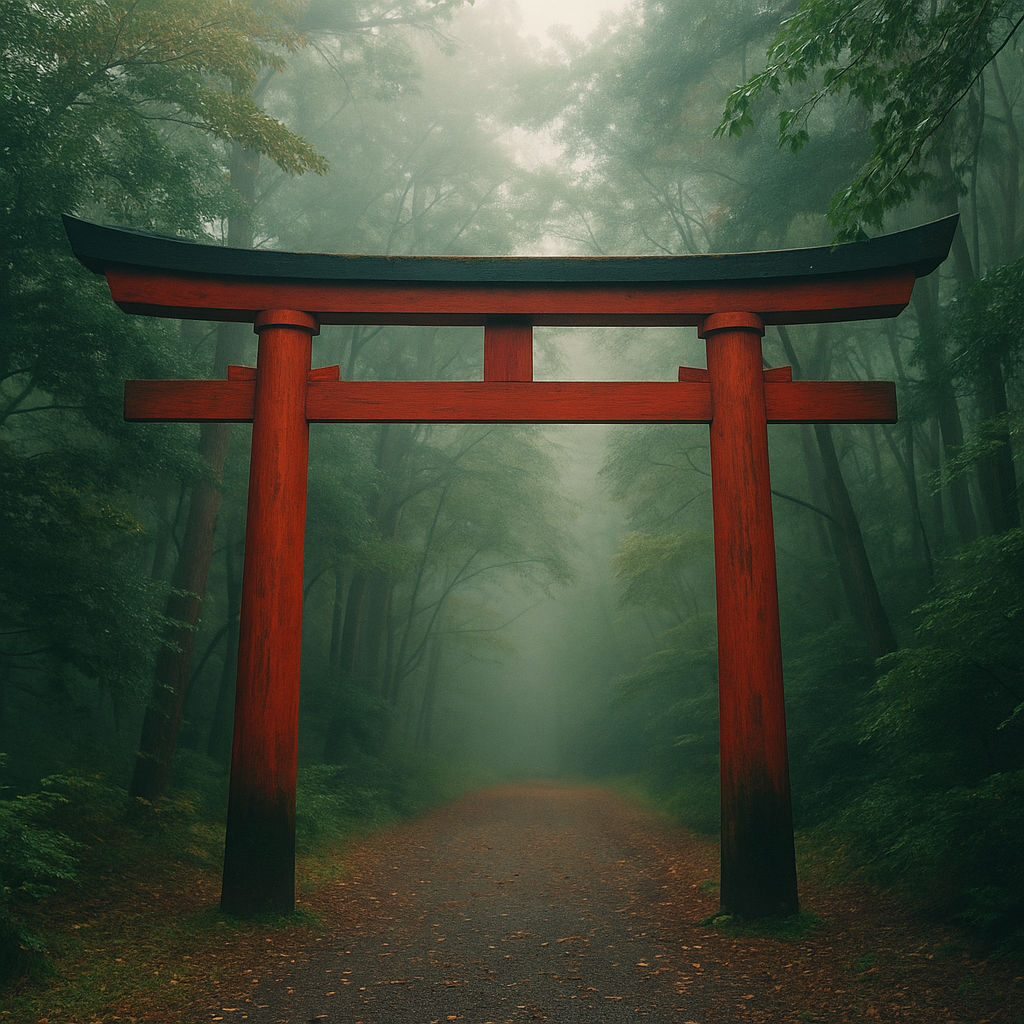 Torii rojo entre árboles